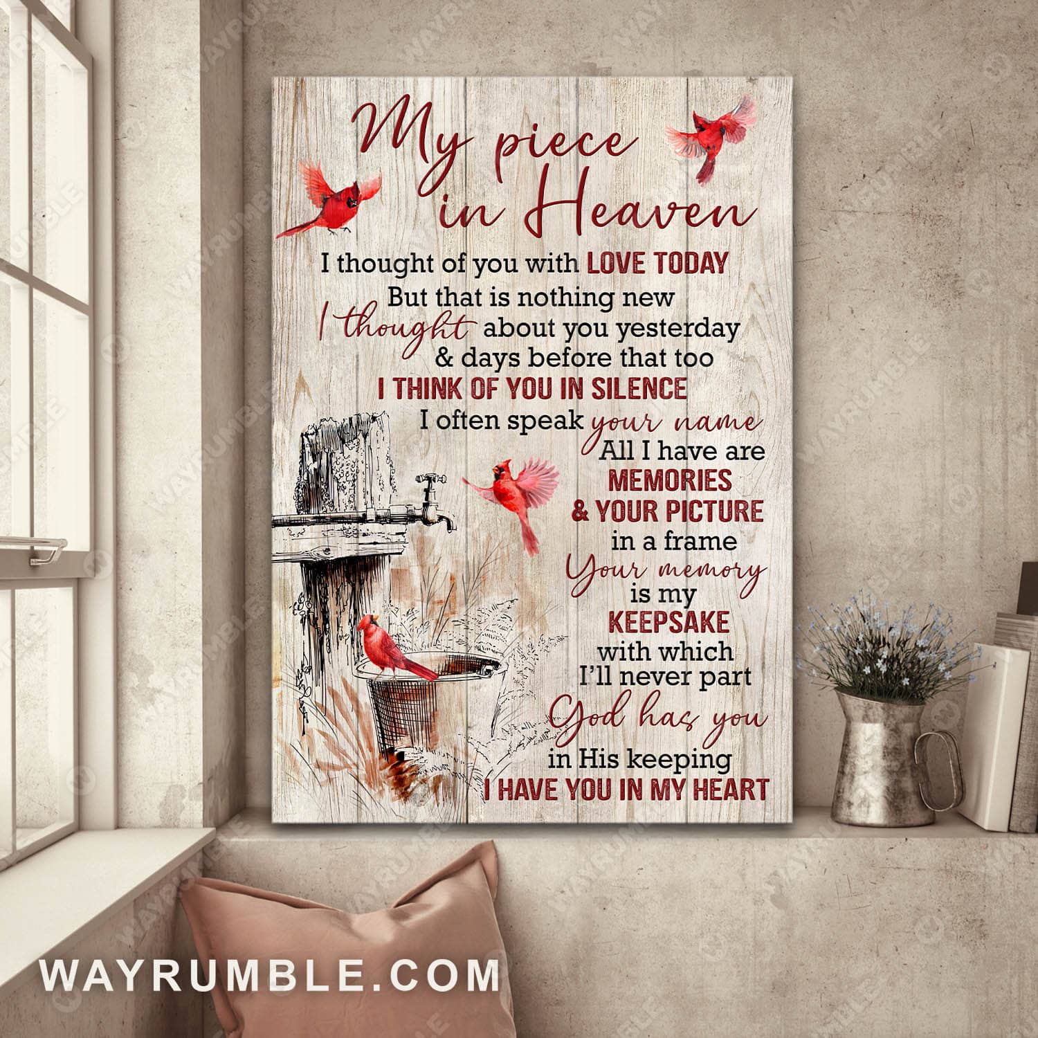 Cardinal painting, Vintage garden, I think of you in silence - Heaven Portrait Canvas Prints, Wall Art