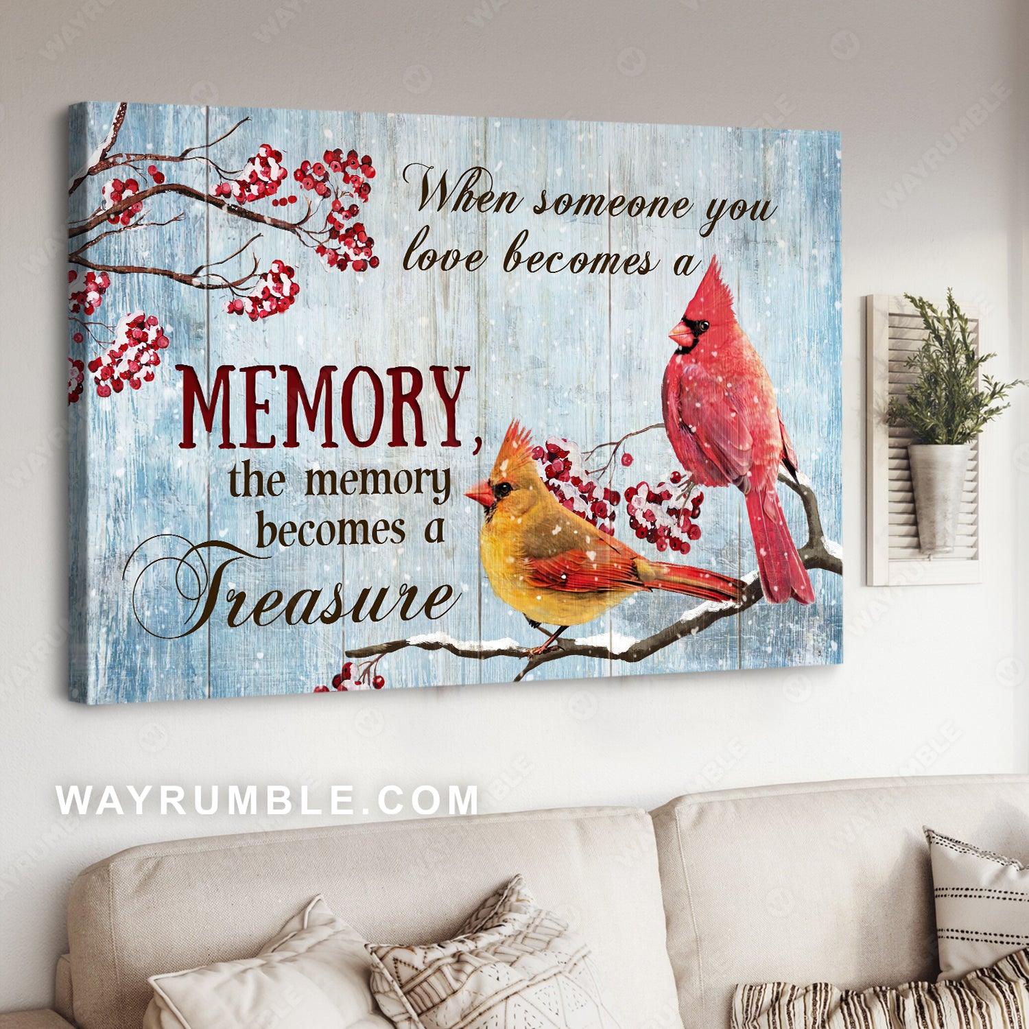 Cardinal couple. Winter garden, Cranberry tree, When someone you love becomes a memory - Heaven Landscape Canvas Prints, Wall Art