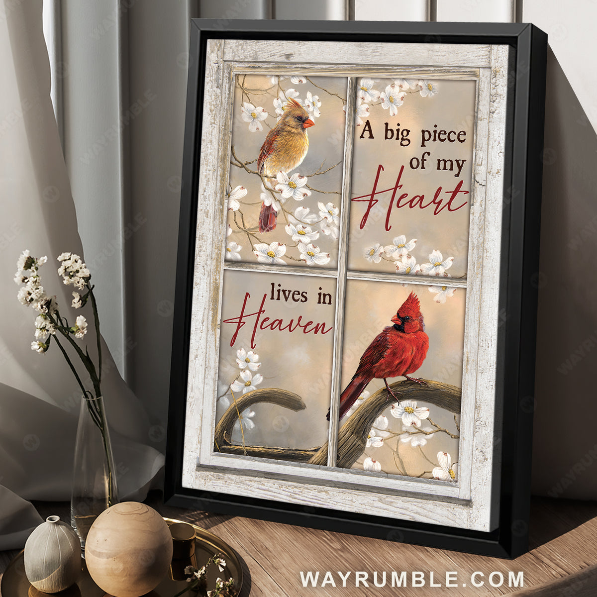 White jasmine, Cardinal drawing, A big piece of my heart lives in heaven - Heaven Portrait Canvas Prints, Home Decor Wall Art