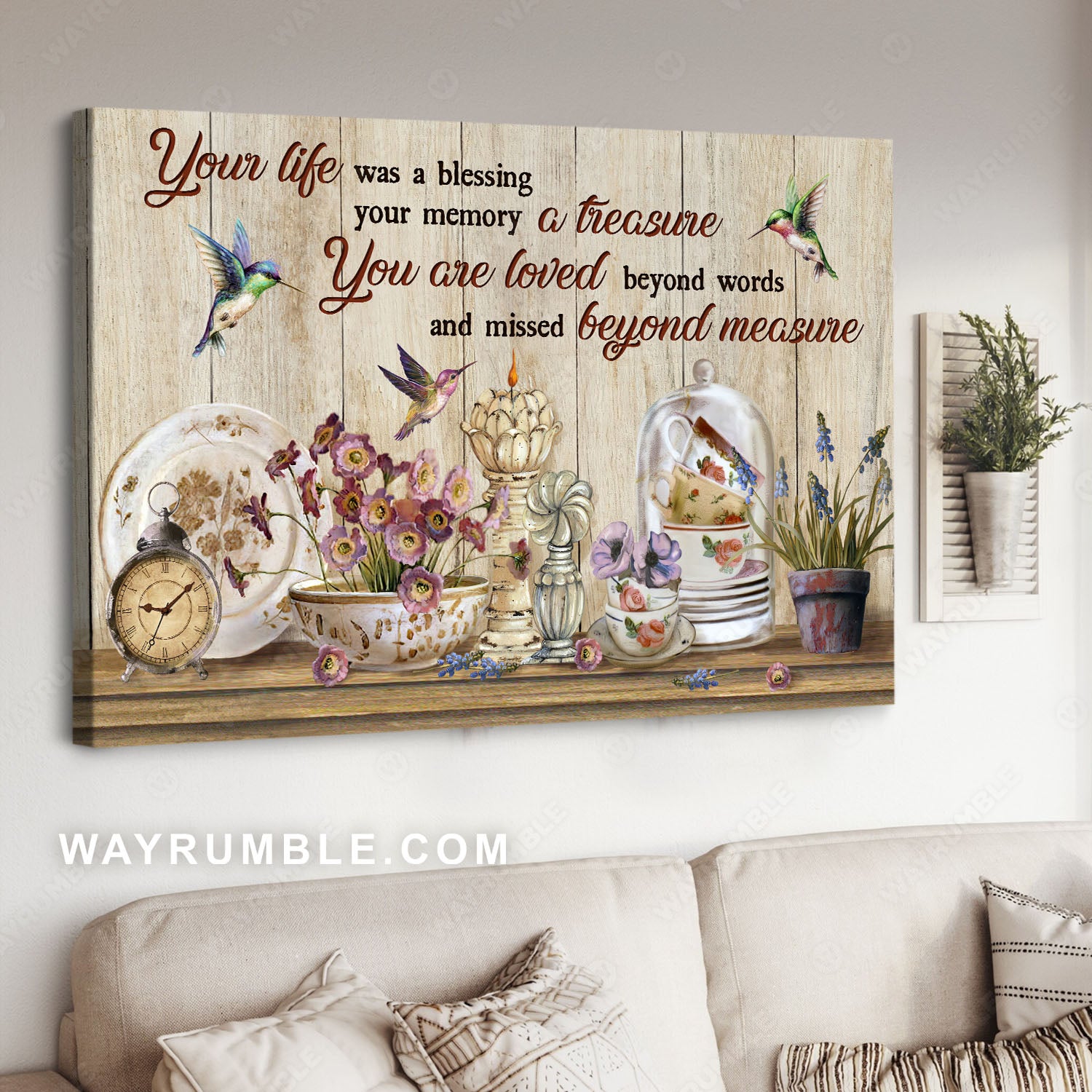 Vintage plate, Tea cups, Oil lamp, Your life was a blessing - Heaven Landscape Canvas Prints, Wall Art