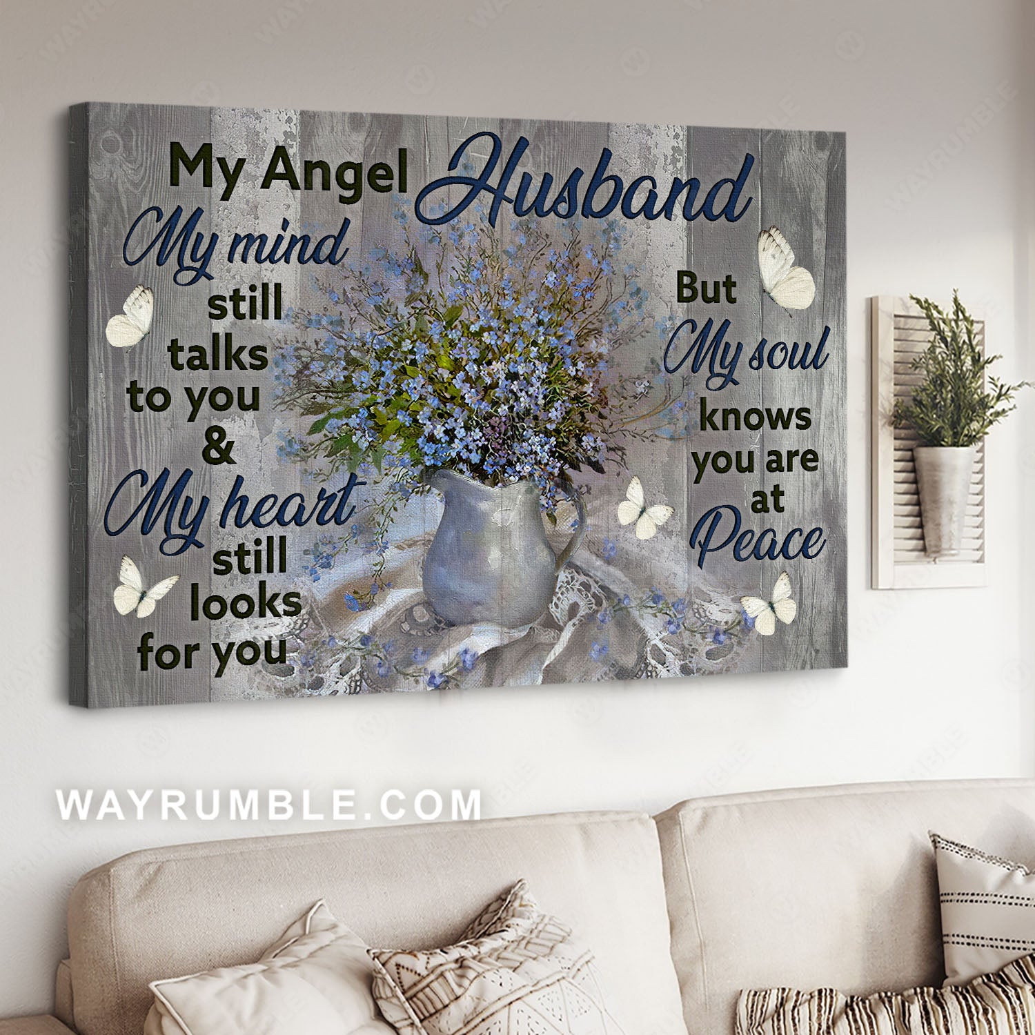 Flower vase, White butterfly, Grey background, My angel husband - Heaven Landscape Canvas Prints, Wall Art