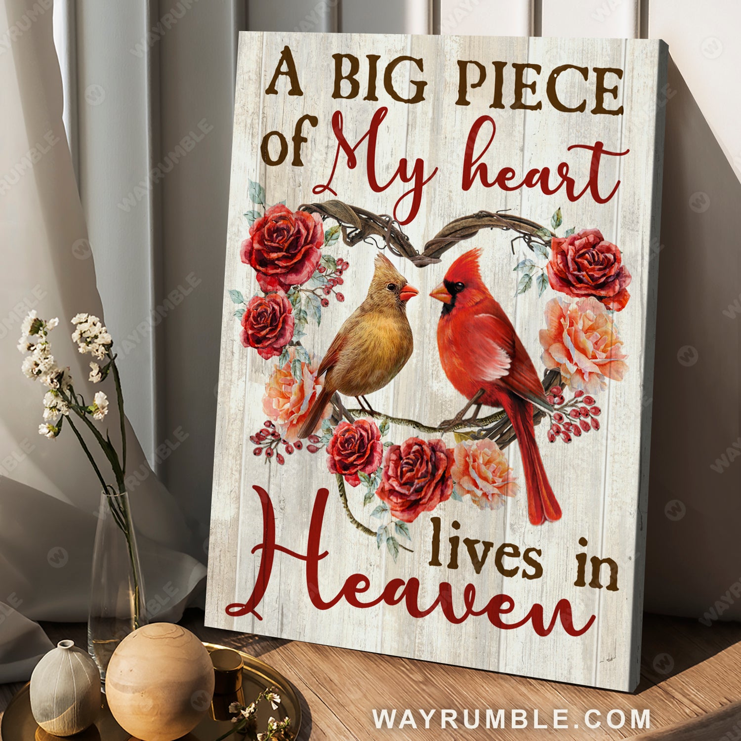 Cardinal couple, Rose flower wreath, A big piece of my heart lives in heaven - Heaven Portrait Canvas Prints, Wall Art