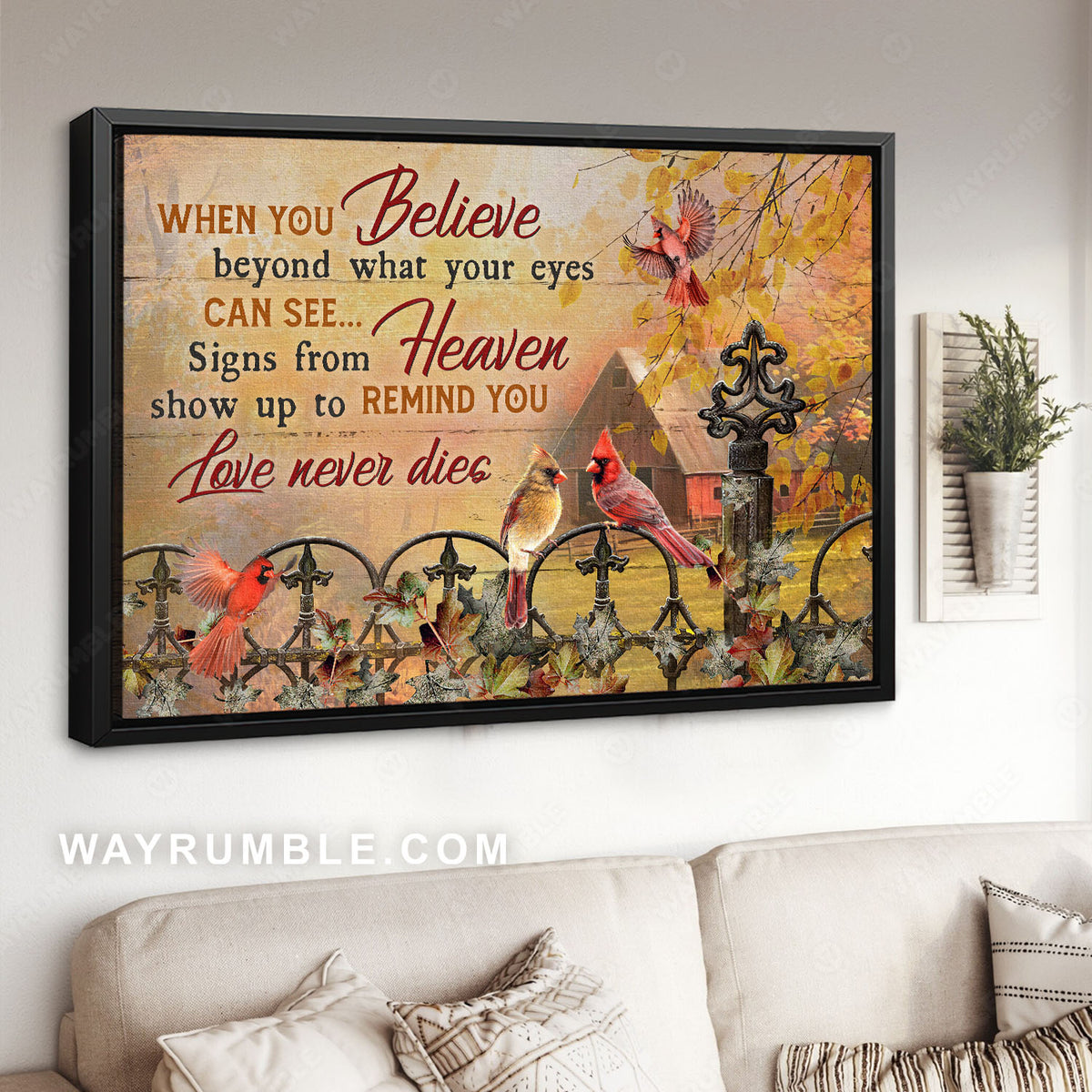 Cardinals drawing, Autumn tree, Love never dies - Heaven Landscape Canvas Prints, Wall Art