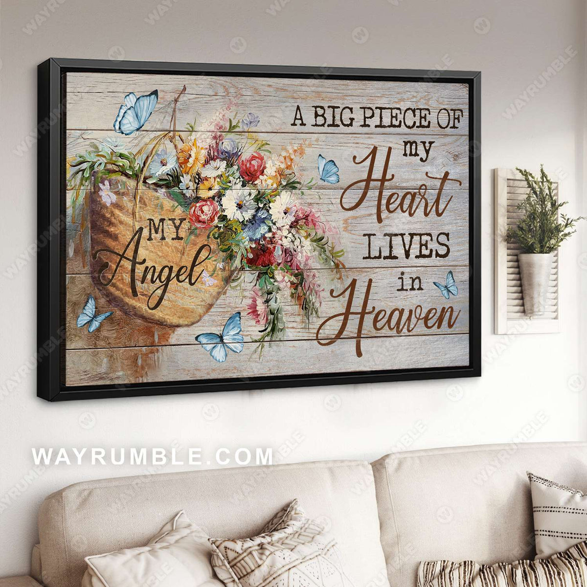 Wild flower basket, Vintage painting, Butterfly, A big piece of my heart lives in heaven - Heaven Landscape Canvas Prints, Wall Art
