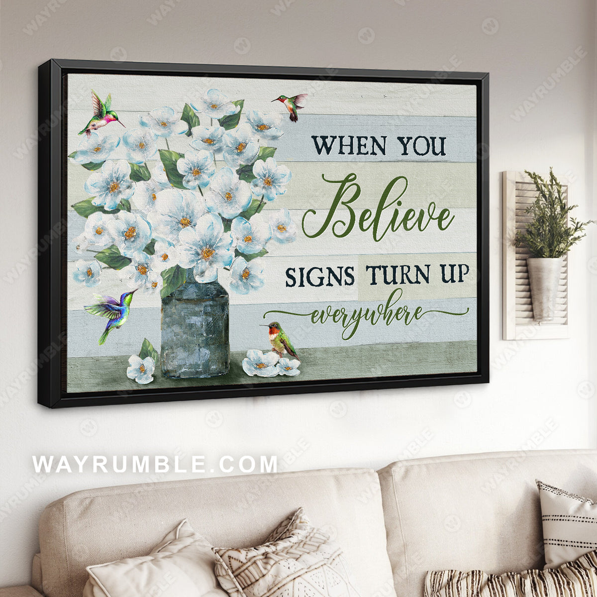 White jasmine, Colorful hummingbird, When you believe, Signs turn up everywhere - Heaven Canvas Prints, Wall Art