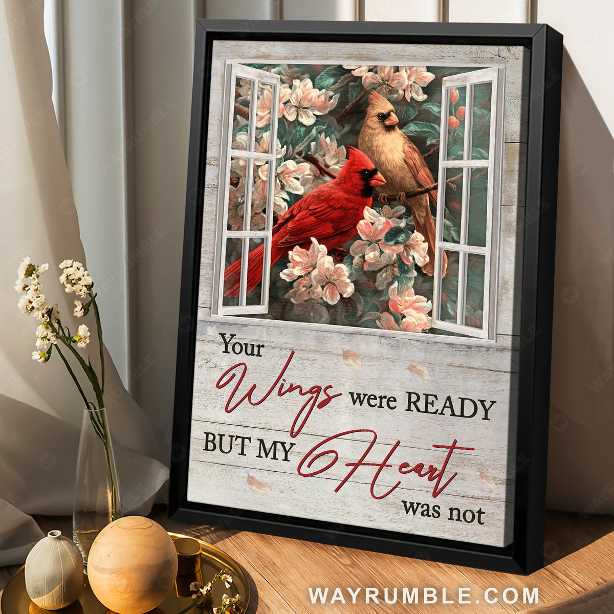 Cardinals drawing, Peach blossoms, Your wings were ready - Heaven Portrait Canvas Prints, Wall Art