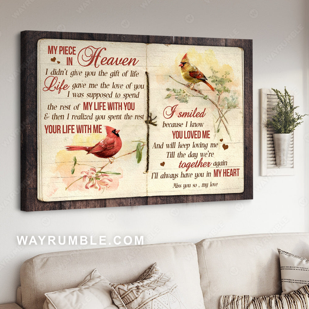 Cardinal couple, Vintage painting, The old notebook, I smiled because I know you loved me - Heaven Landscape Canvas Prints, Wall Art