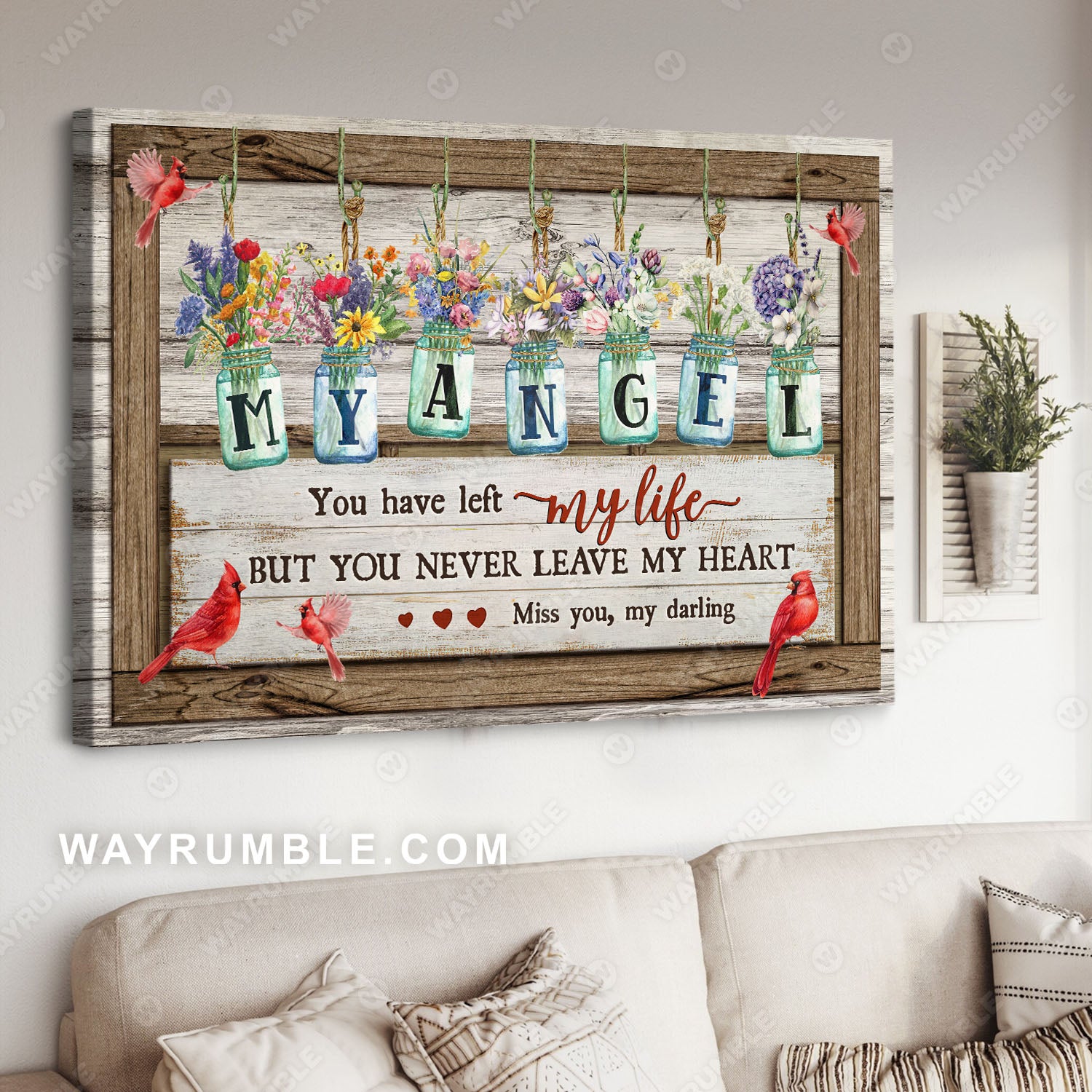 Flower jars, Vintage painting, Cardinals, You never leave my heart - Heaven Landscape Canvas Prints, Wall Art