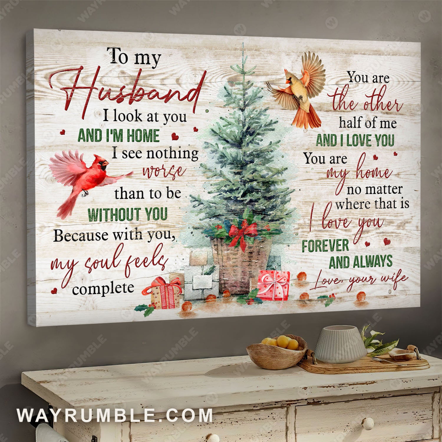 To my husband, Christmas tree, Cardinal painting, You are the other half of me - Couple Landscape Canvas Prints, Wall Art