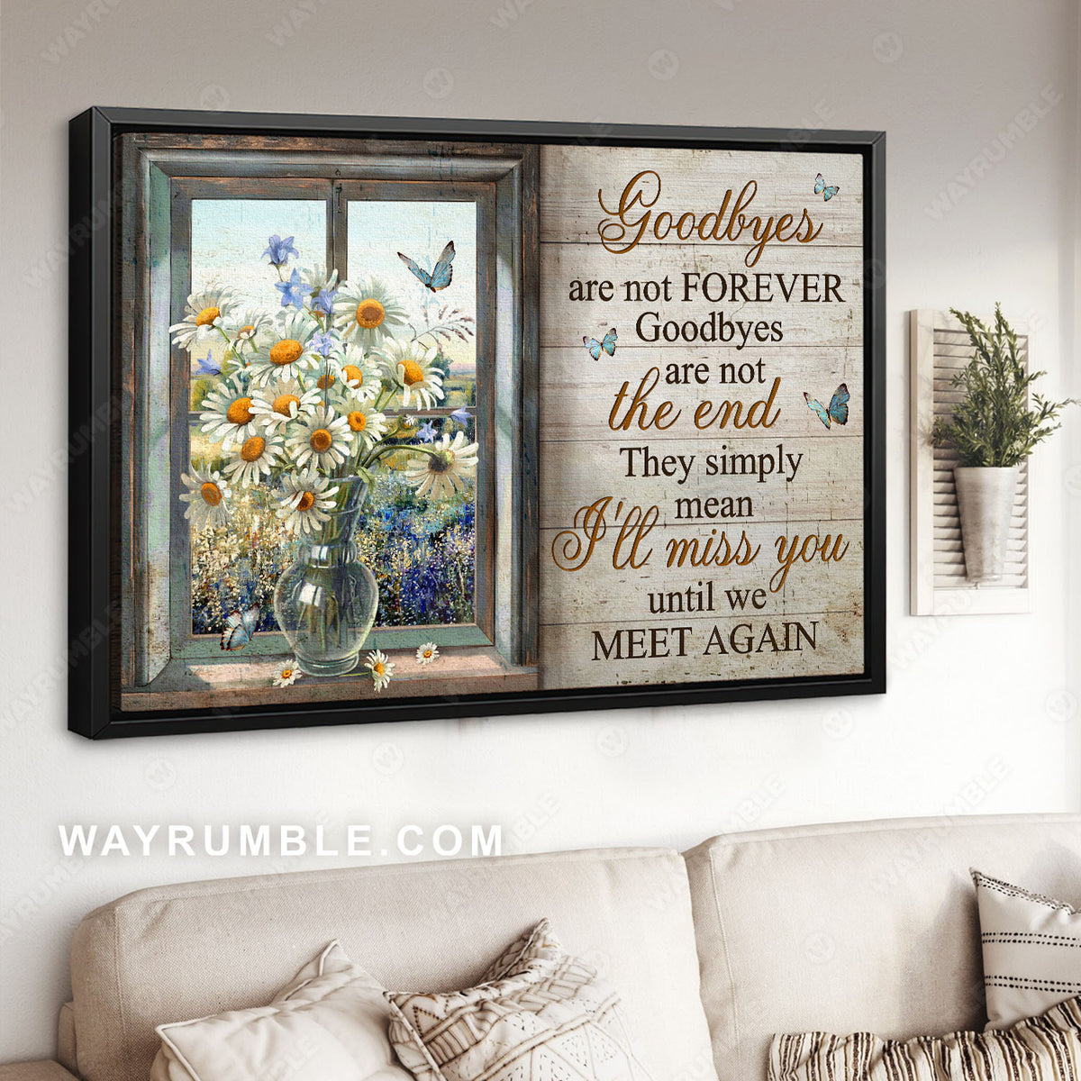 Daisy flower, Glass bottle, Blue butterfly, Window frame, I'll miss you until we meet again - Heaven Landscape Canvas Prints, Wall Art
