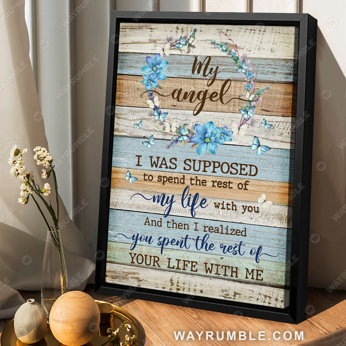 Flower wreath, Blue flower, You spent the rest of your life with me - Heaven Portrait Canvas Prints, Wall Art