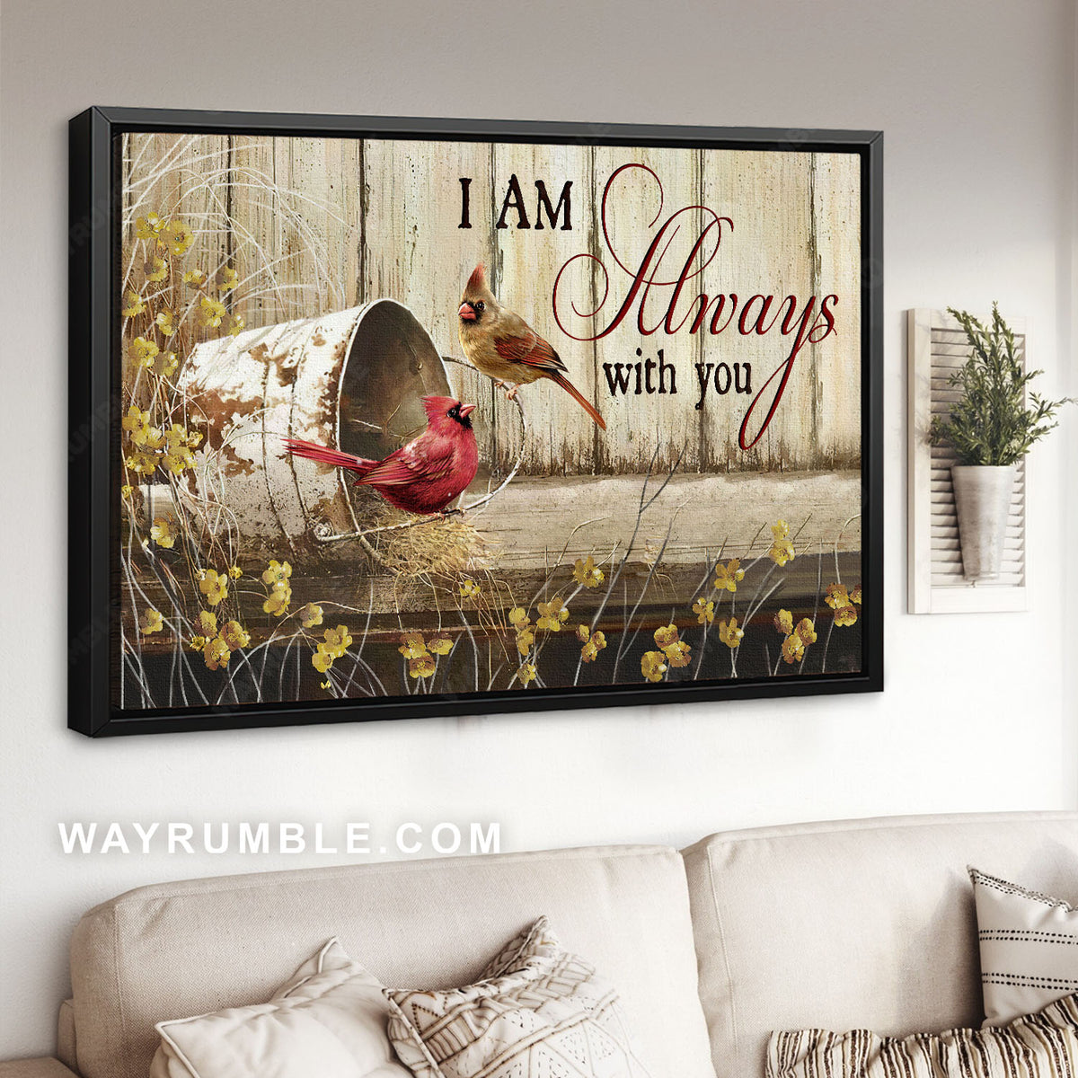 Cardinals drawing, Rusty bucket, Yellow flowers, Always with you - Heaven Landscape Canvas Prints, Wall Art