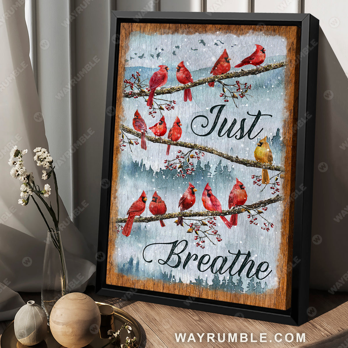 Cardinal painting, Winter forest, Cranberry tree, Just breathe - Heaven Portrait Canvas Prints, Wall Art