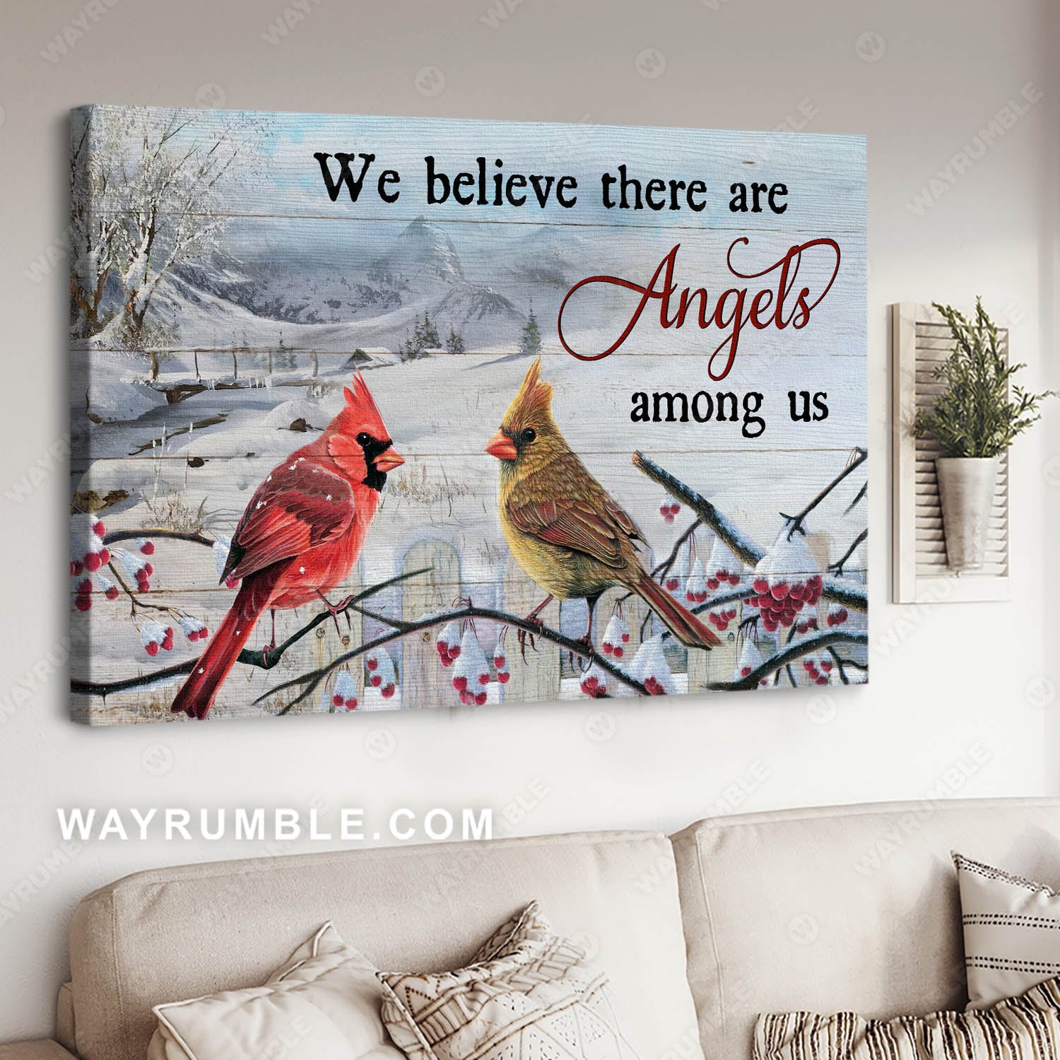 Cardinal couple, Winter village, Mountain landscape, We believe there are angels among us - Heaven Landscape Canvas Prints, Wall Art