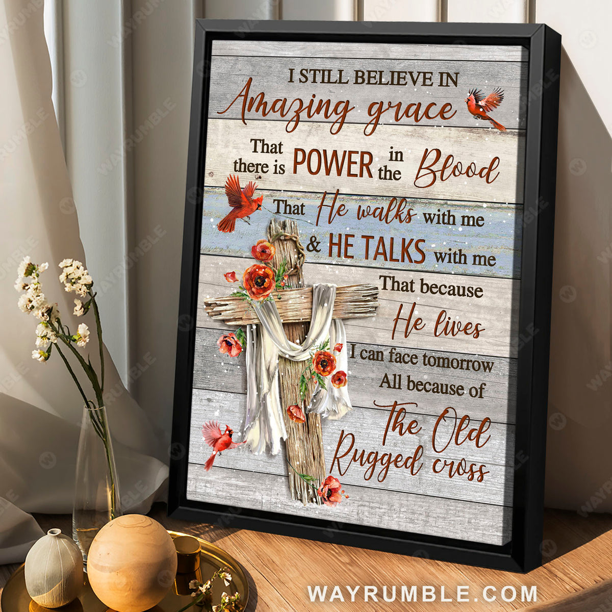 Northern cardinal, Cross symbol, Red poppy, I still believe in Amazing Grace - Heaven Portrait Canvas Prints, Wall Art