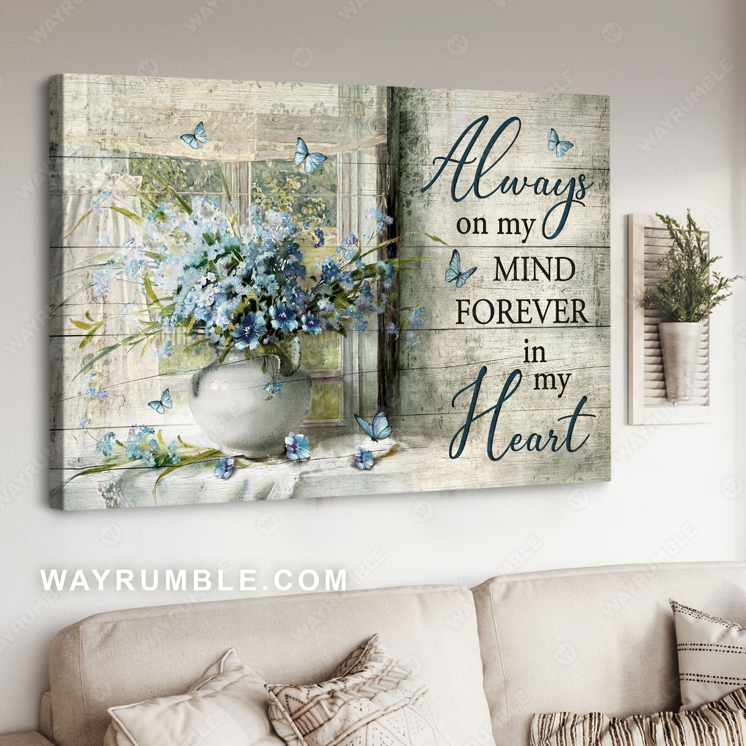 Blue flower, Blue butterfly, Window frame, Always on my mind - Heaven Landscape Canvas Prints, Wall Art