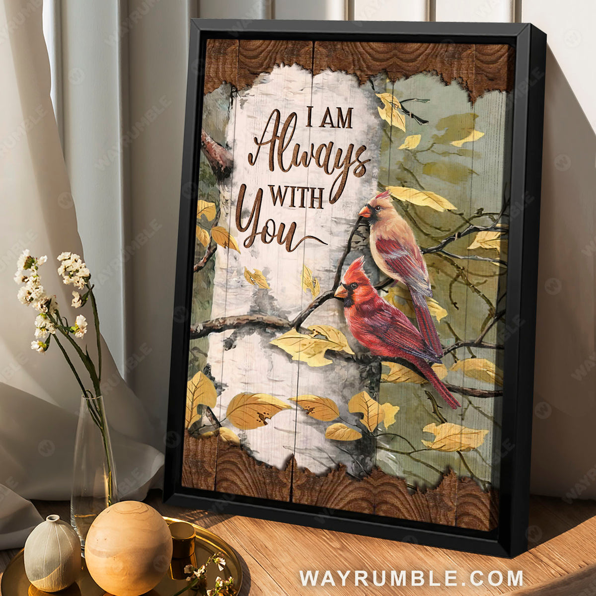 Cardinal couple, Love message, Autumn season, I am always with you - Heaven Portrait Canvas Prints, Wall Art