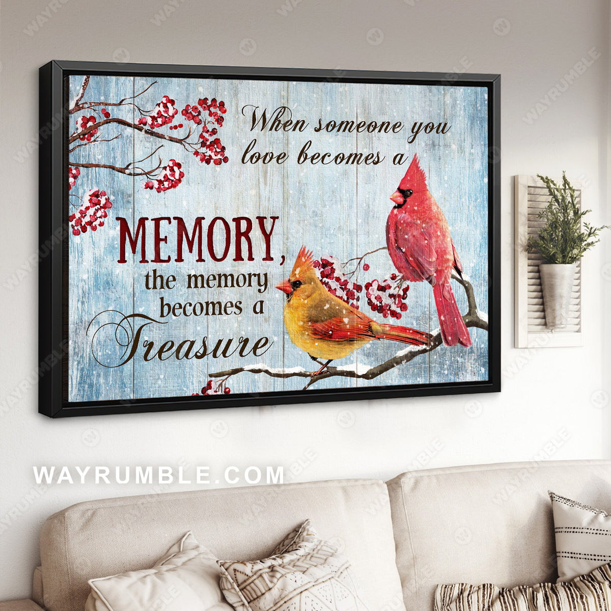 Cardinal couple. Winter garden, Cranberry tree, When someone you love becomes a memory - Heaven Landscape Canvas Prints, Wall Art