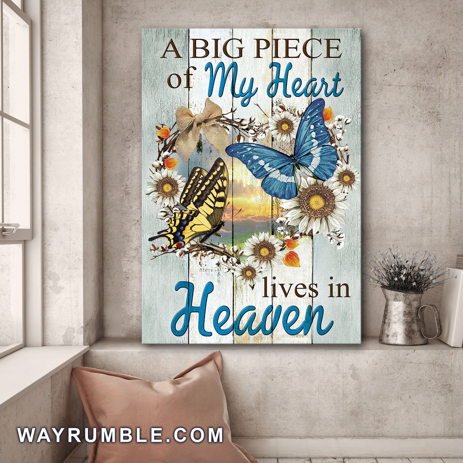 Butterfly, Heaven Gate, Daisy Wreath, A big piece of my heart lives in heaven - Heaven Portrait Canvas Prints, Wall Art