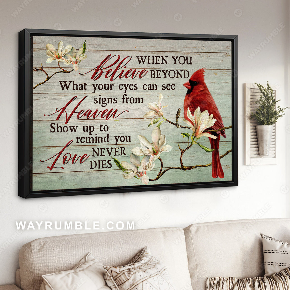 Northern cardinal, Tree branch, White flower, Love never dies - Heaven Landscape Canvas Prints, Wall Art