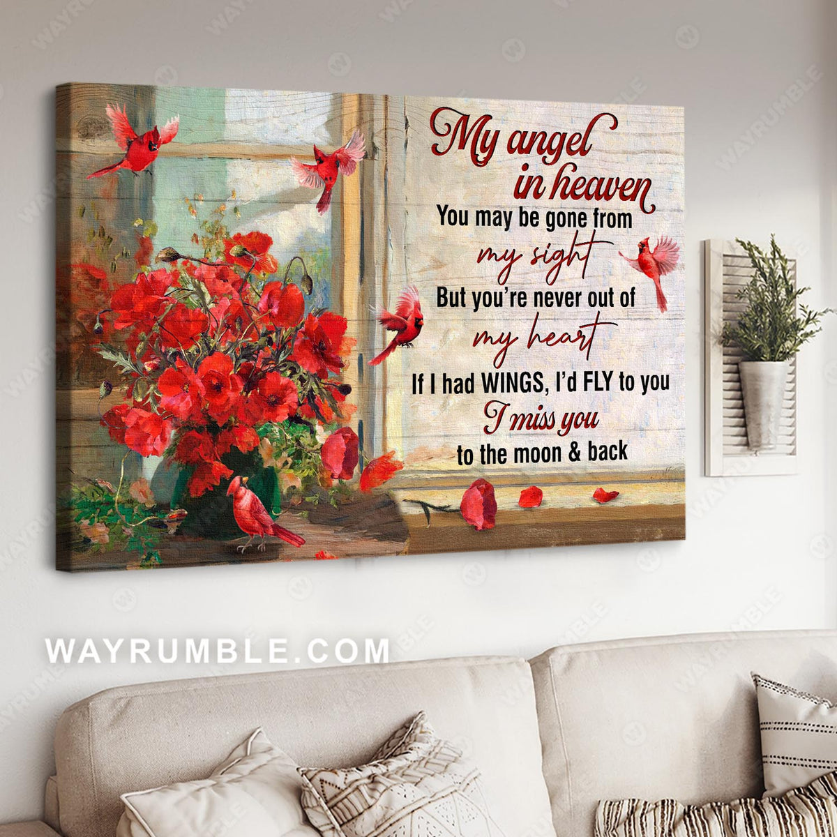 Cardinal painting, Poppy flower, By the window, I miss you to the moon and back - Heaven Landscape Canvas Prints, Wall Art
