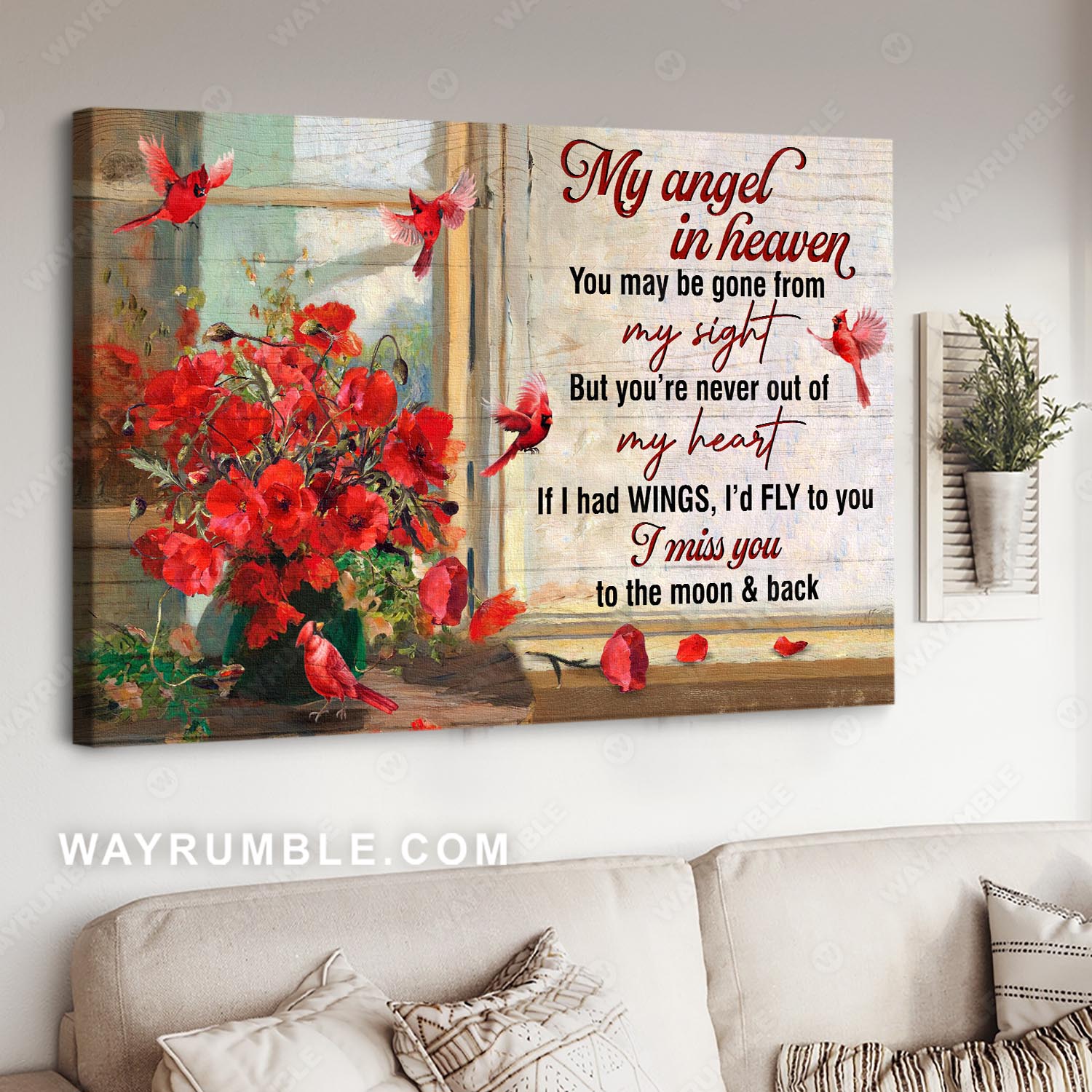 Cardinal painting, Poppy flower, By the window, I miss you to the moon and back - Heaven Landscape Canvas Prints, Wall Art