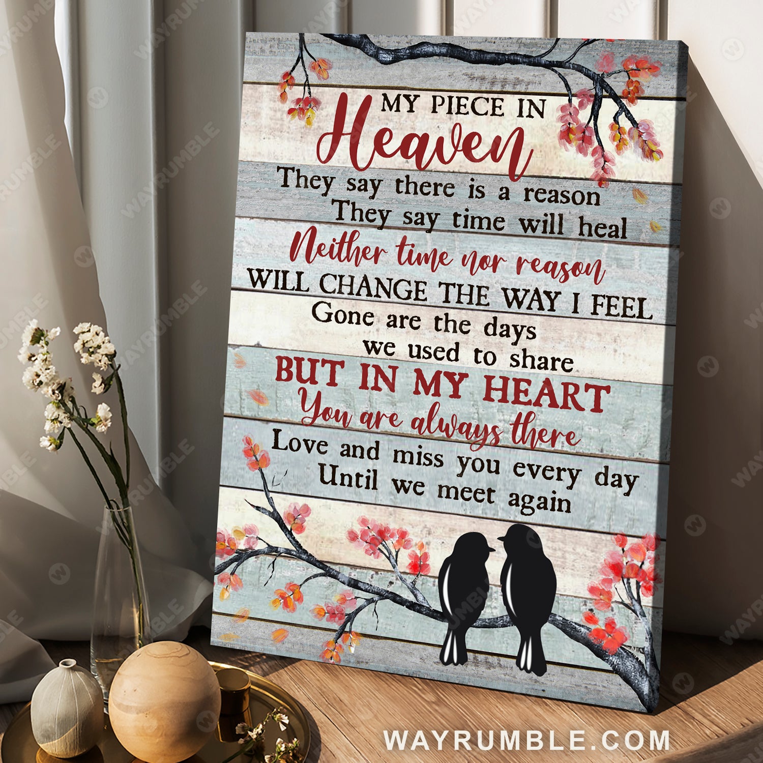 Tree branch, Northern cardinal, My piece in heaven, But in my heart you are always there - Heaven Portrait Canvas Prints, Wall Art