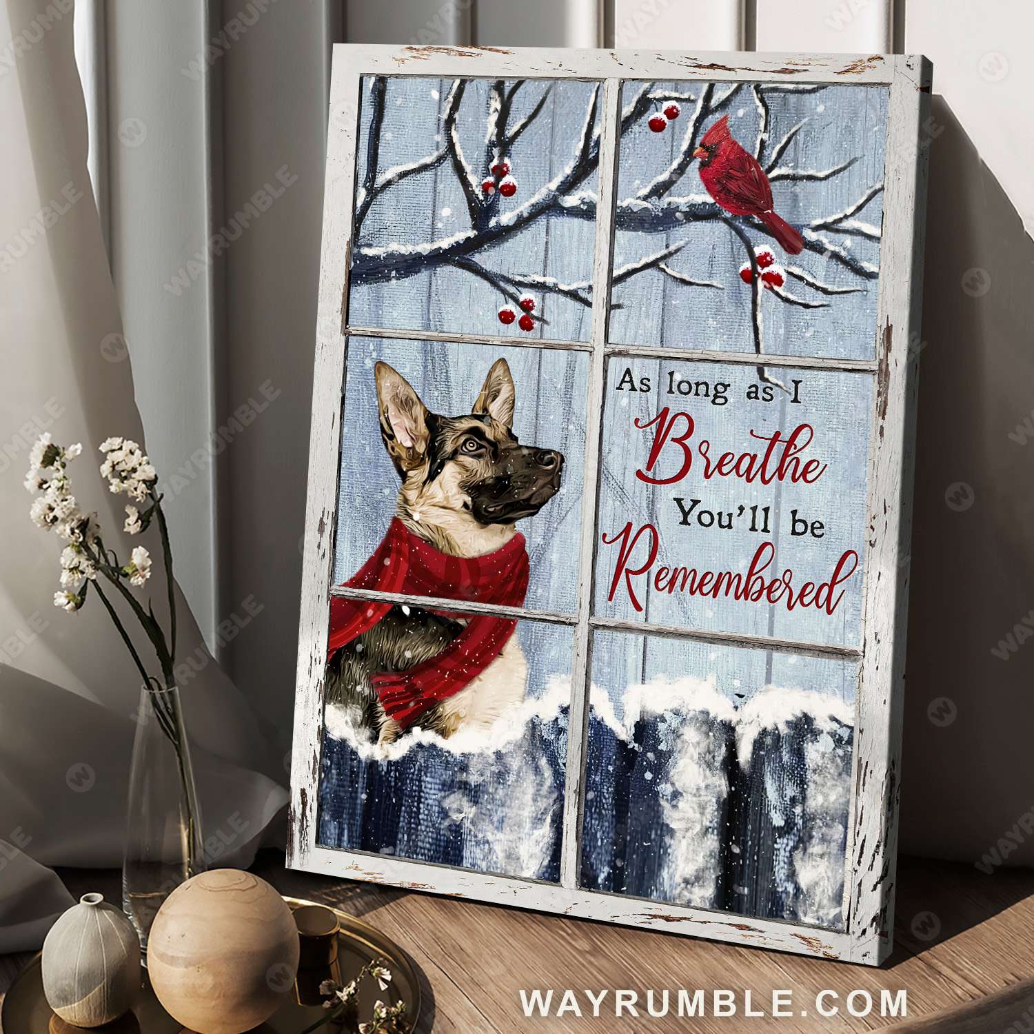 German Shepherd, Cardinal and cranberry tree, Winter garden, I'll be remembered - Heaven Portrait Canvas Prints, Wall Art