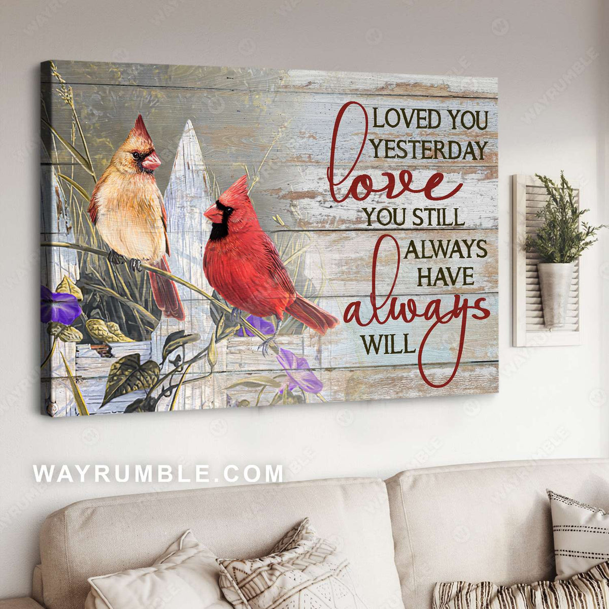 Northern cardinal, Garden fence, Purple flower, Always have, Always will - Family Landscape Canvas Prints, Wall Art
