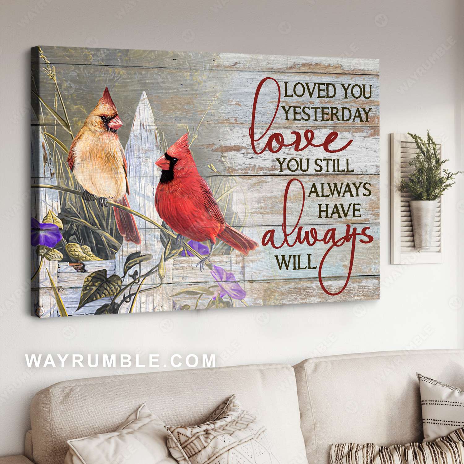 Northern cardinal, Garden fence, Purple flower, Always have, Always will - Family Landscape Canvas Prints, Wall Art