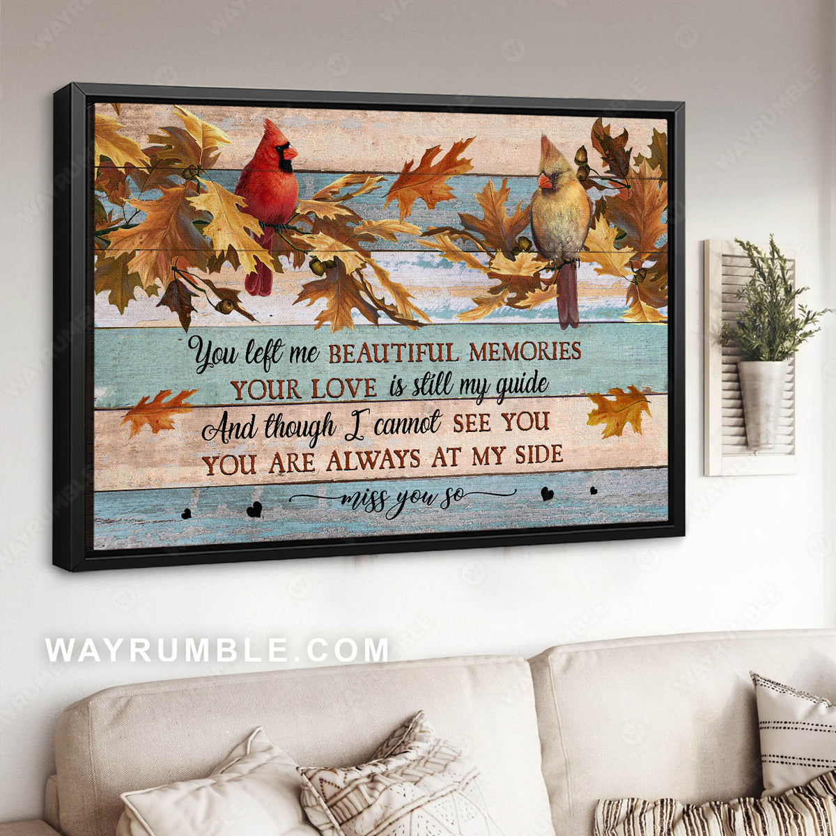 Cardinal couple, Autumn tree, Red leaves, You are always at my side - Heaven Landscape Canvas Prints, Wall Art