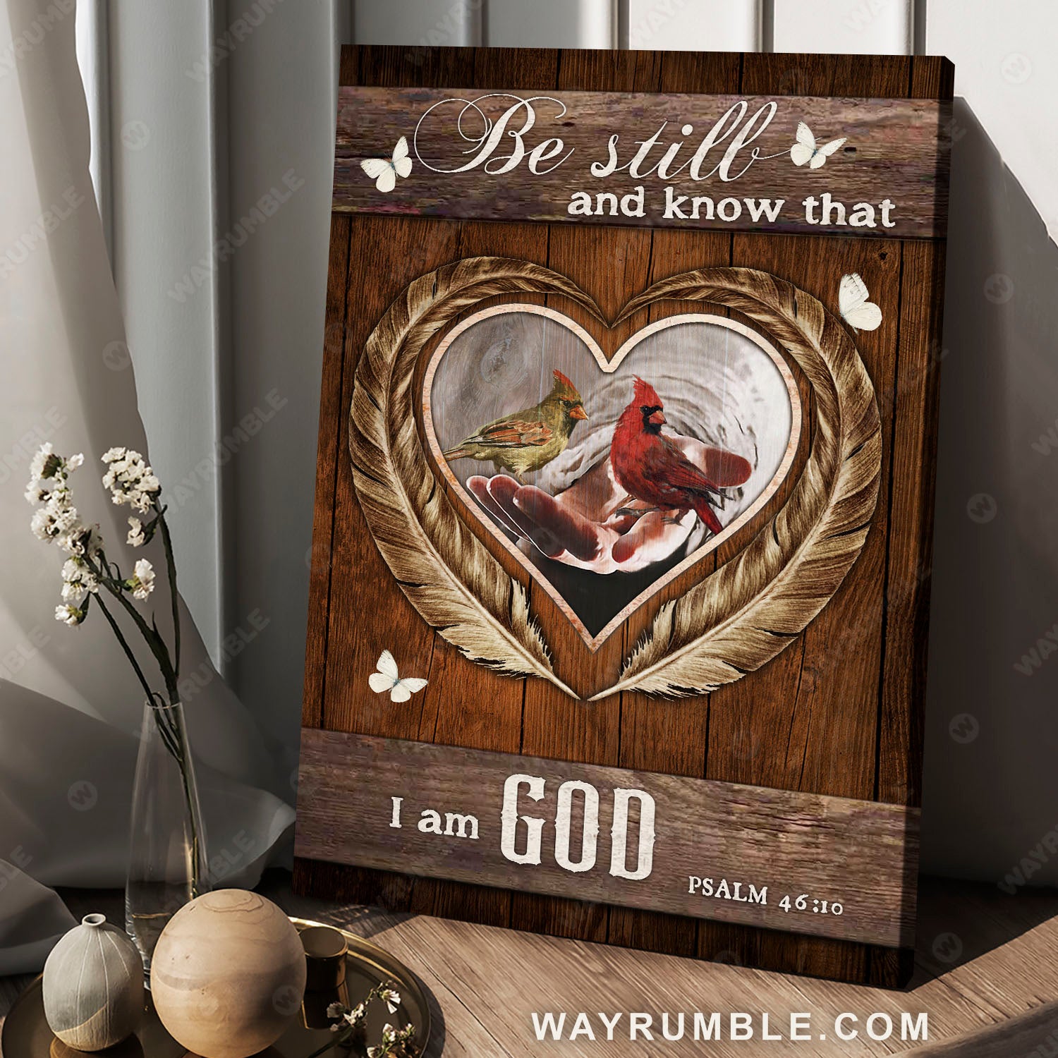 Cardinal painting, Hand of God, Heart shape wooden background, Be still and know that I am God - Heaven Portrait Canvas Prints, Wall Art