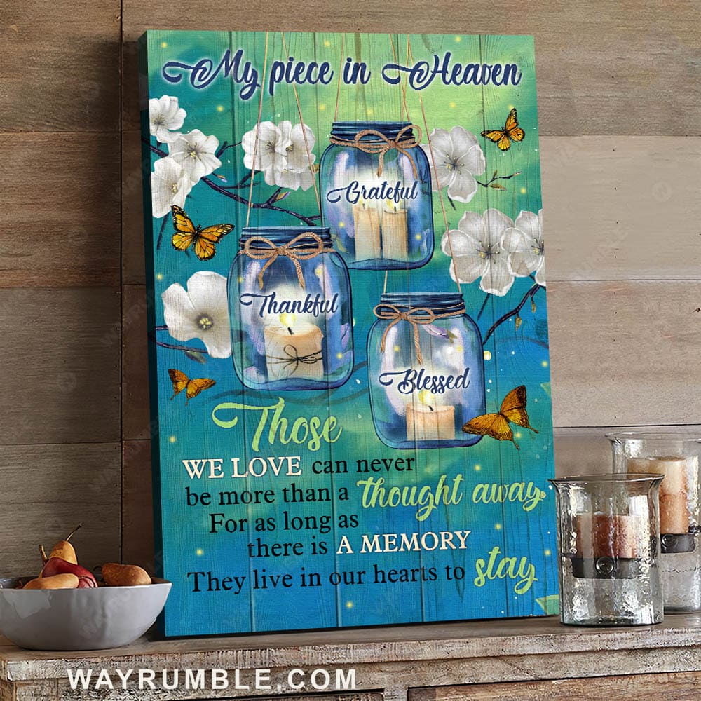 White candles, Mason jars, White flower painting, Those we love can never be more than a thought away - Heaven Portrait Canvas Prints, Wall Art
