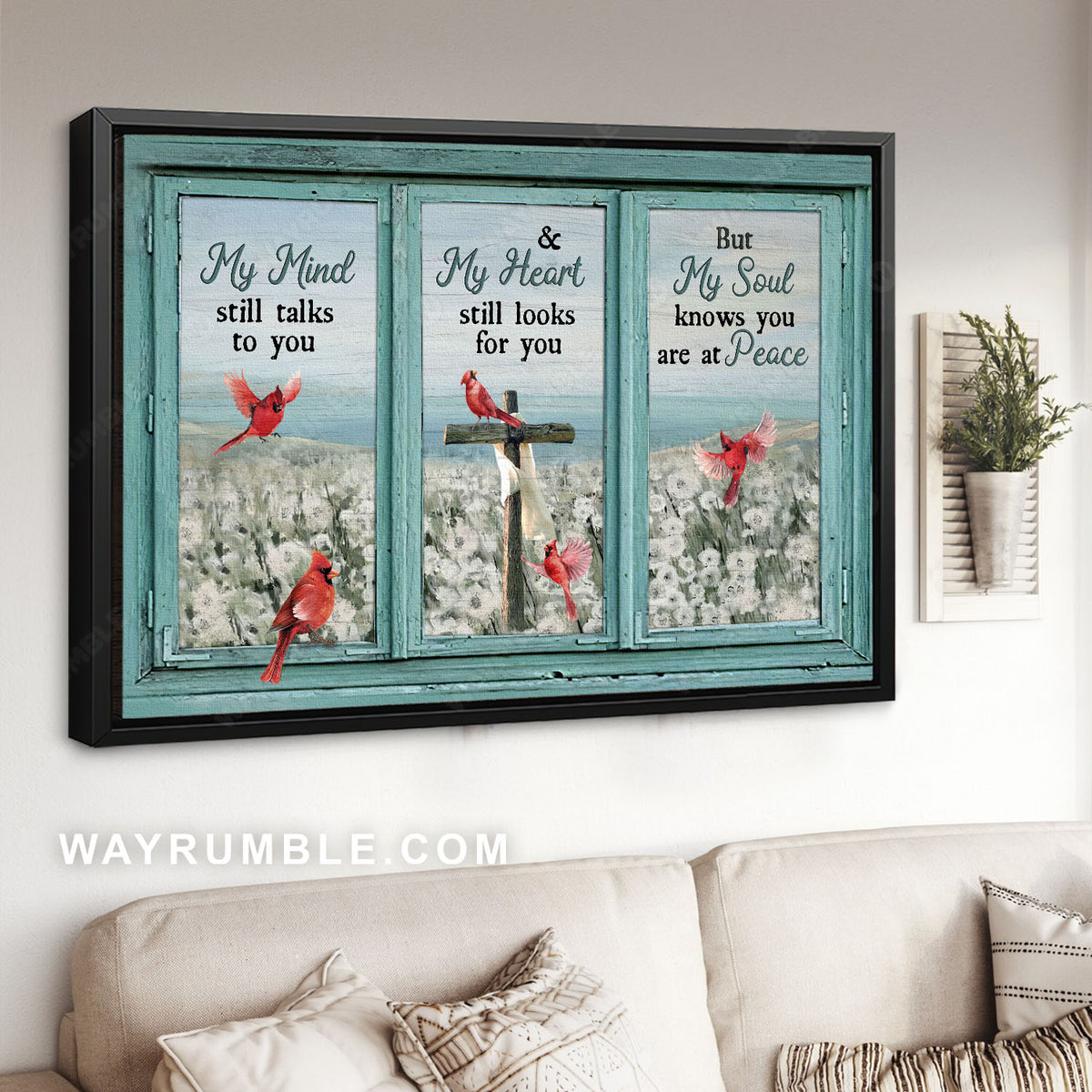 Red cardinals. White flower, Wooden cross, My soul knows you are at peace - Heaven Landscape Canvas Prints, Wall Art