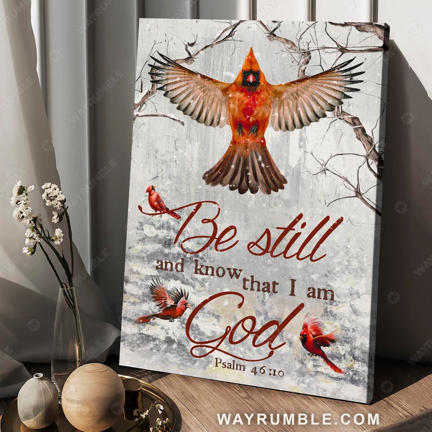 Cardinal painting, Winter forest, Snowy forest, Be still and know that I am God - Heaven Portrait Canvas Prints, Wall Art