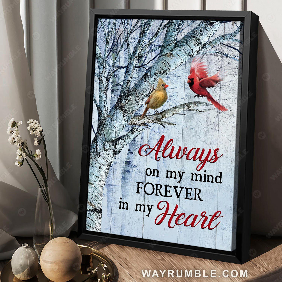 Cardinal painting, Winter forest, Always on my mind, Forever in my heart - Heaven Portrait Canvas Prints, Wall Art