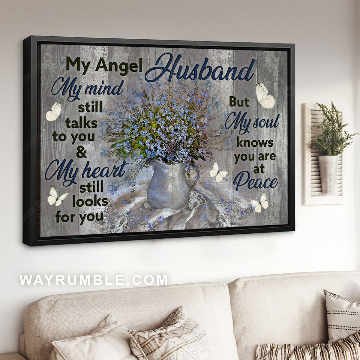 Flower vase, White butterfly, Grey background, My angel husband - Heaven Landscape Canvas Prints, Wall Art