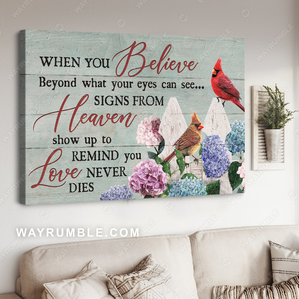 Northern cardinal, Hydrangea flower, Garden fence, Love never dies - Heaven Landscape Canvas Prints, Wall Art