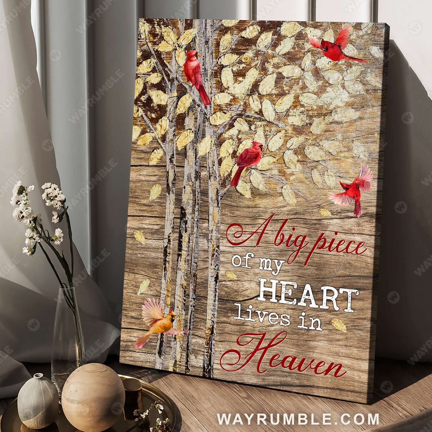 Cardinal painting, Golden leaves, Vintage painting, A big piece of my heart lives in heaven - Heaven Portrait Canvas Prints, Wall Art
