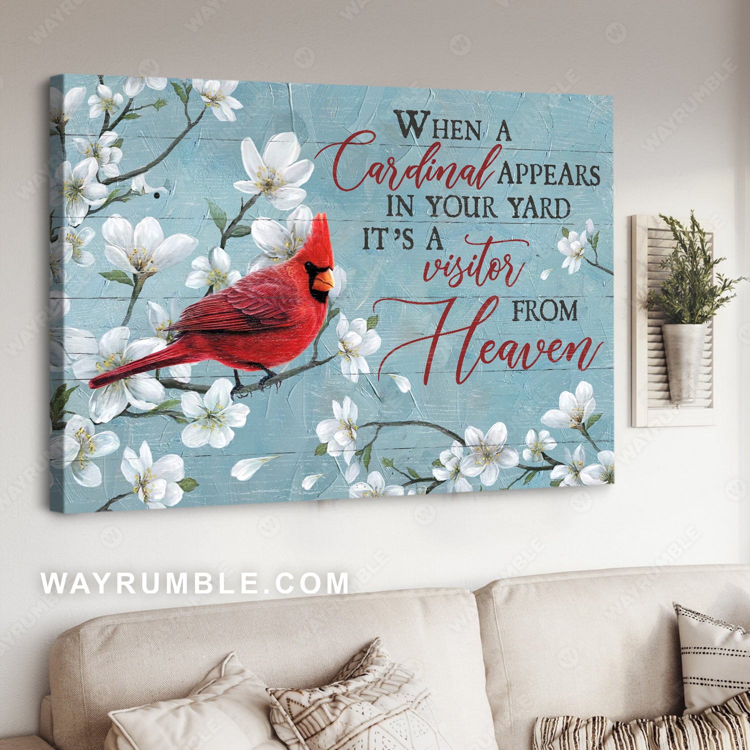 Red cardinal, White cherry blossom, Light blue background, It's a visitor from heaven - Heaven Landscape Canvas Prints, Wall Art
