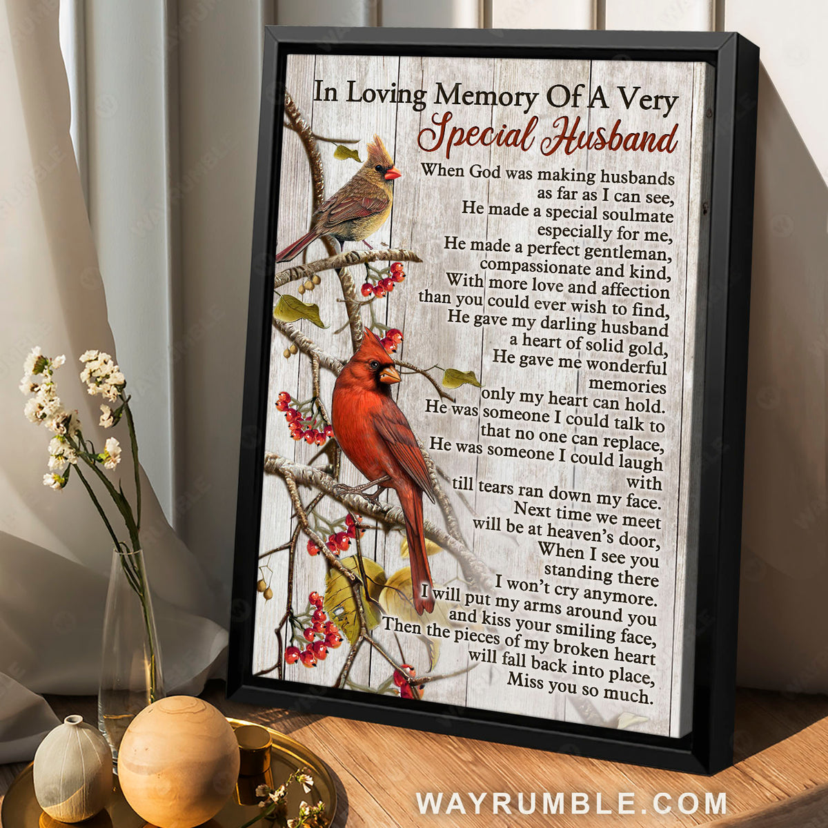 Cranberry plant, Cardinal birds, Memory of a very special husband - Heaven Portrait Canvas Prints, Wall Art