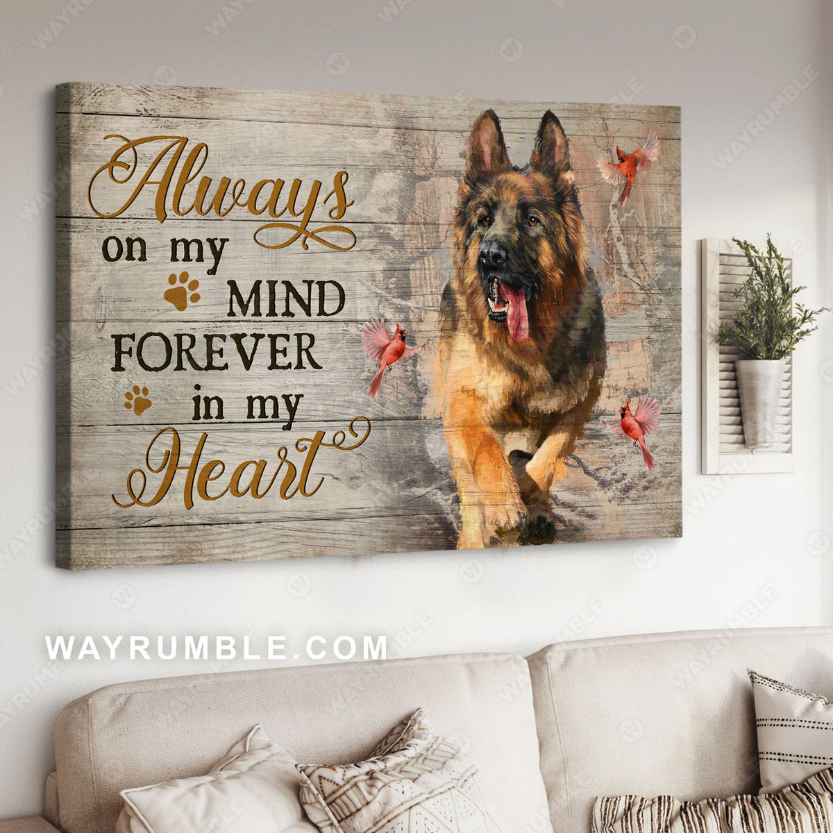 German Shepherd, Northern cardinal, Winter forest, Always on my mind - Heaven Landscape Canvas Prints, Wall Art