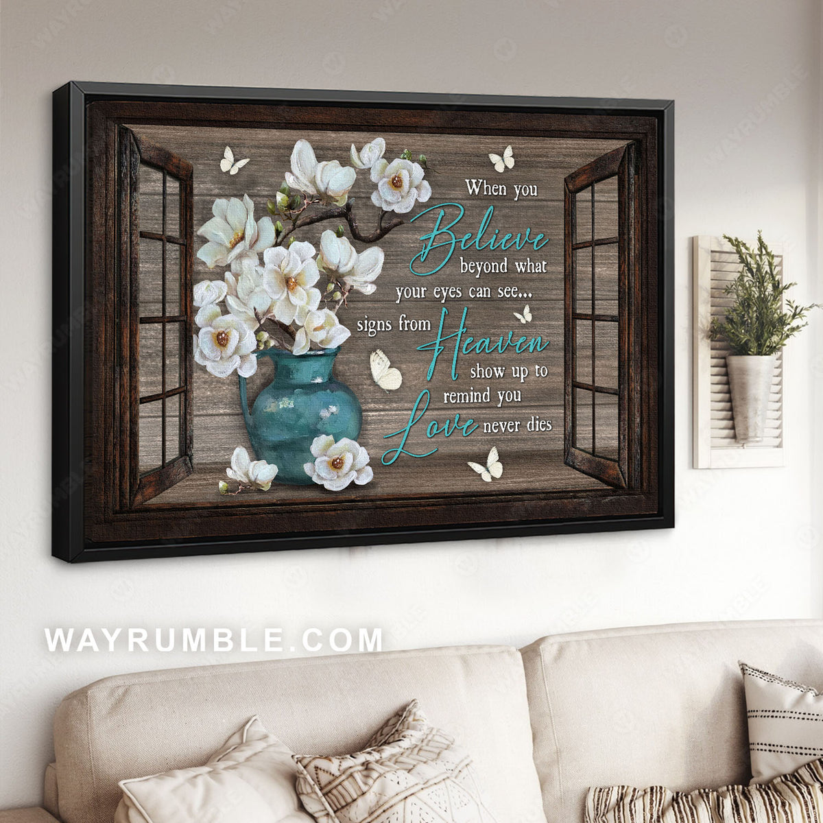 White flower, White butterfly, Window frame, Love never dies - Heaven Landscape Canvas Prints, Wall Art