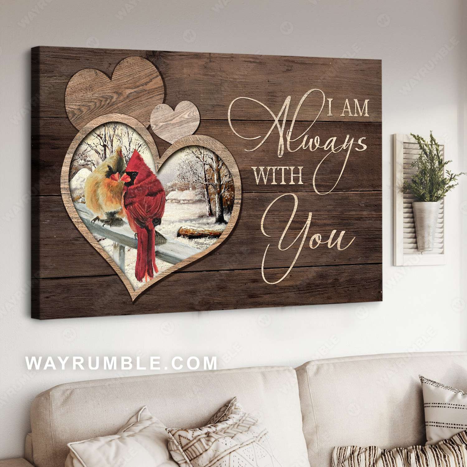 Cardinal couple, Winter garden, Heart wooden background, I am always with you - Heaven Landscape Canvas Prints, Wall Art