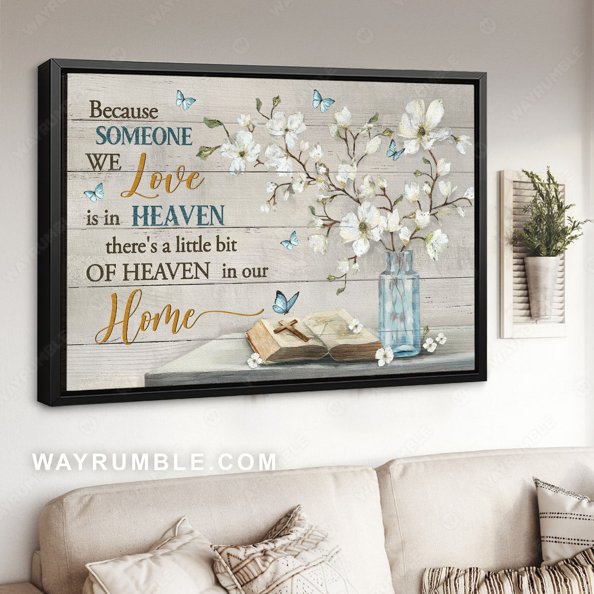 White flower, Blue butterfly, Cross symbol, There's a little bit of heaven in our home - Heaven Landscape Canvas Prints, Wall Art