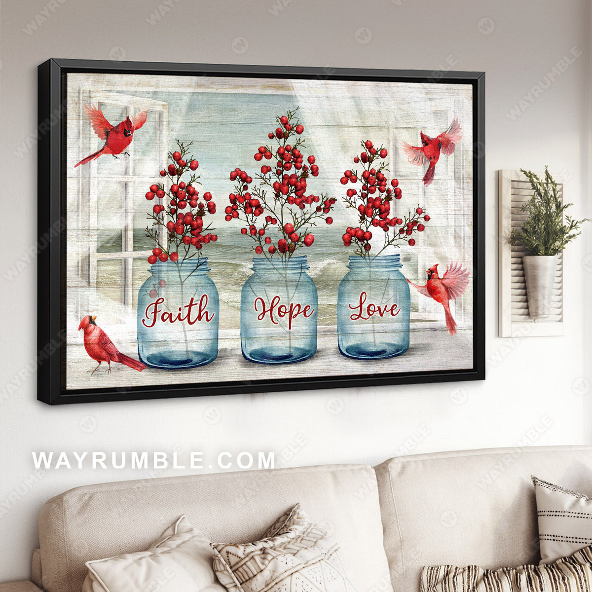 Northern cardinal, Cranberry, Mason jar, Faith, Hope, Love, Window view - Heaven Landscape Canvas Prints, Wall Art