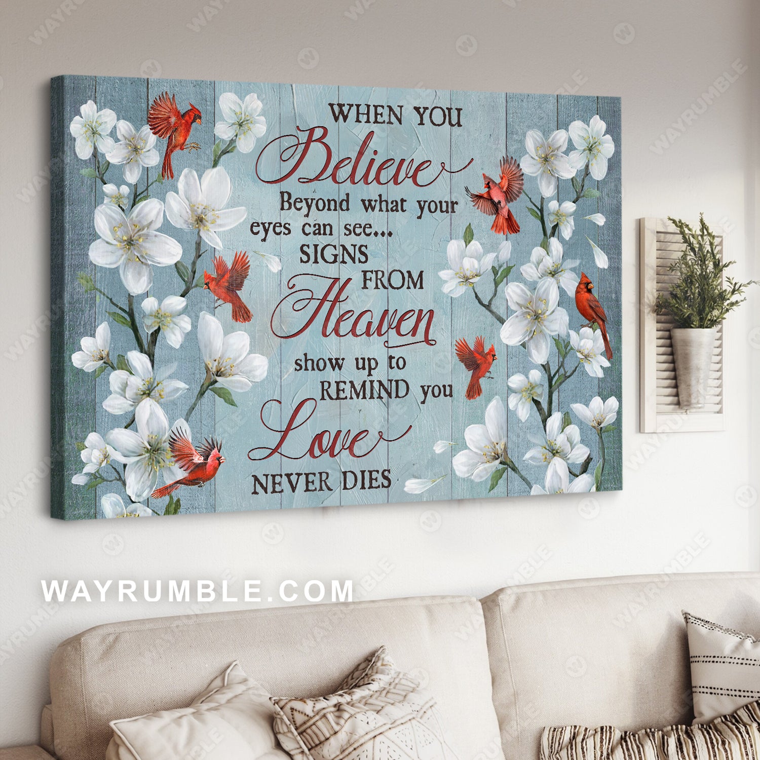 Northern cardinal, Cherry blossom, Blue background, Love never dies - Heaven Landscape Canvas Prints, Wall Art