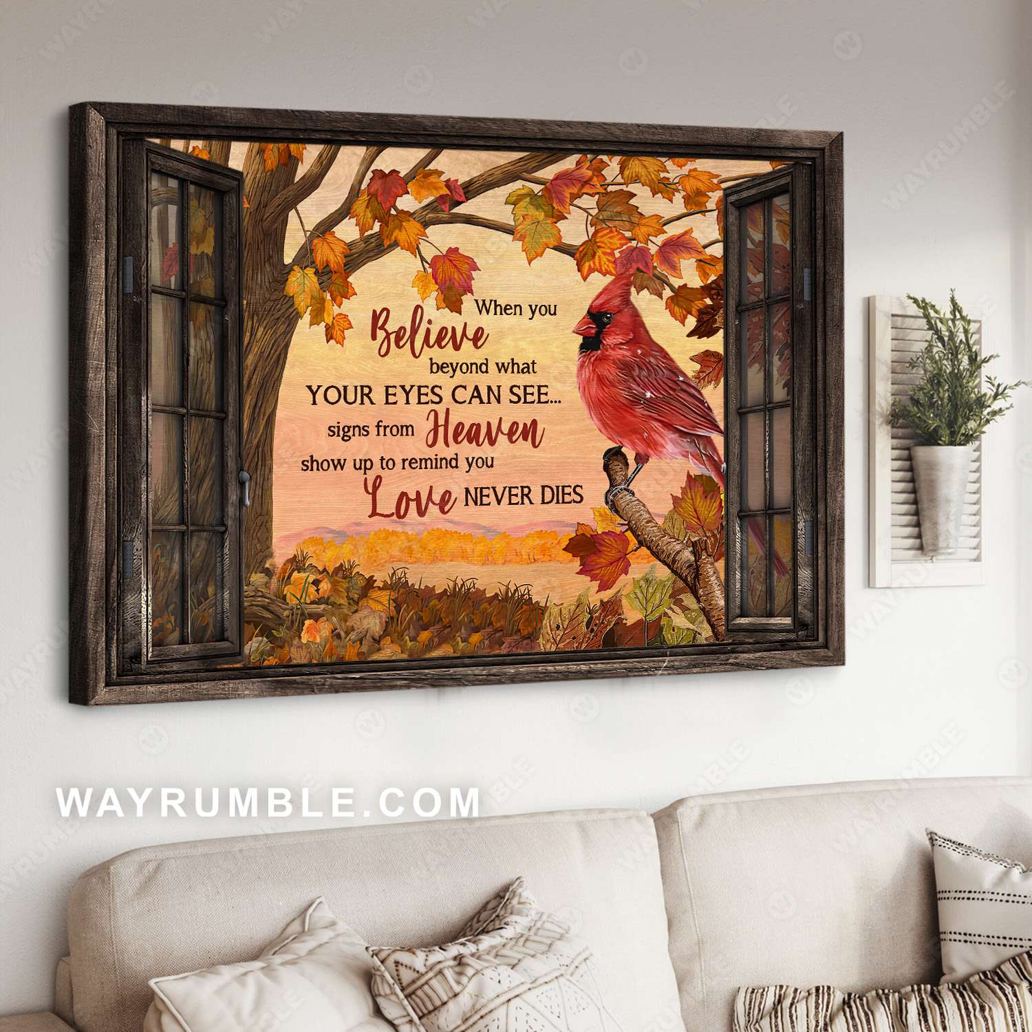 Northern cardinal, Red maple leaf, Tree branch, Window frame, Love never dies - Heaven Landscape Canvas Prints, Wall Art