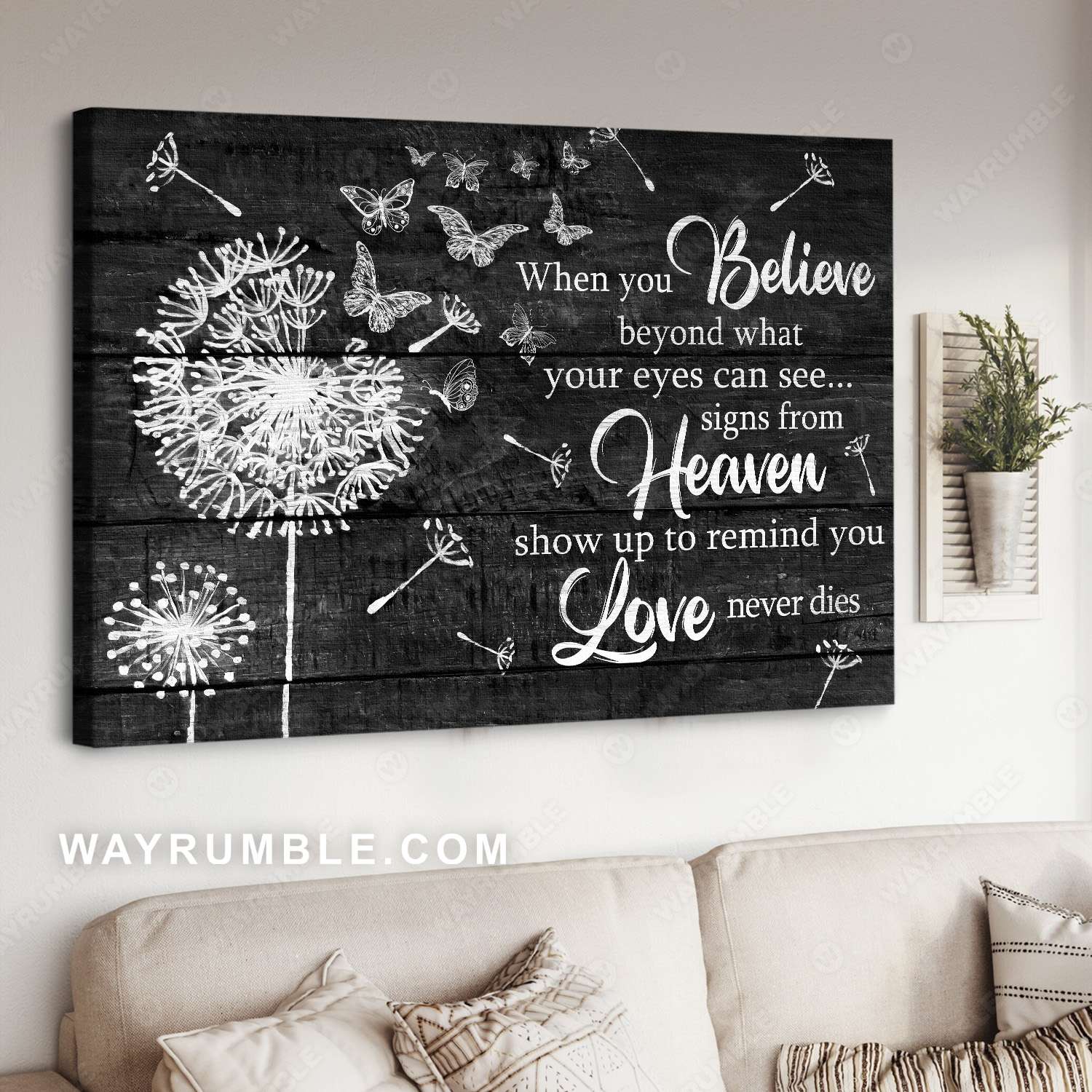Dandelion drawing, Butterfly, Black background, Love never dies - Heaven Landscape Canvas Print, Wall Art