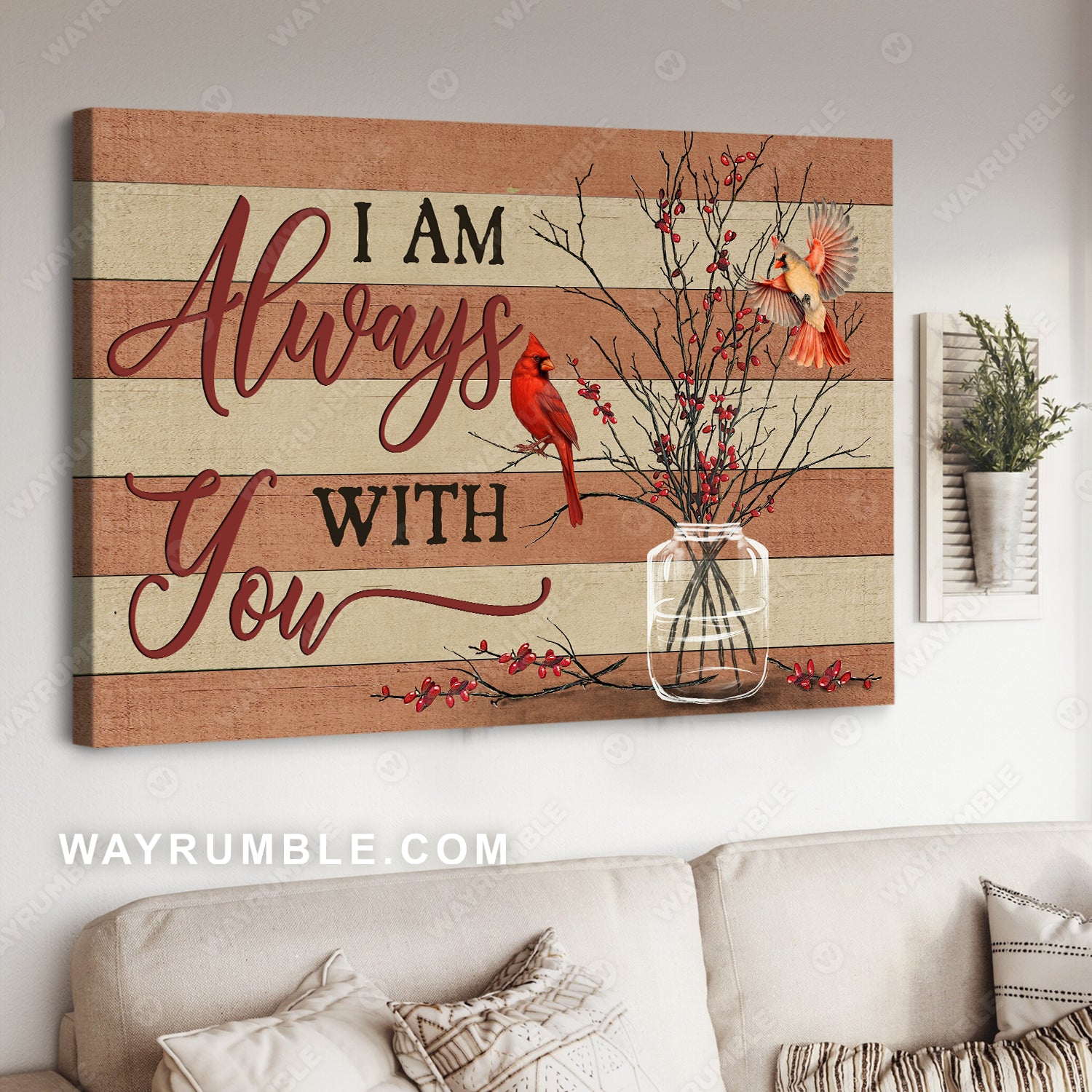 Northern cardinal, Cranberry, Glass bottle, I am always with you - Heaven Landscape Canvas Prints, Wall Art